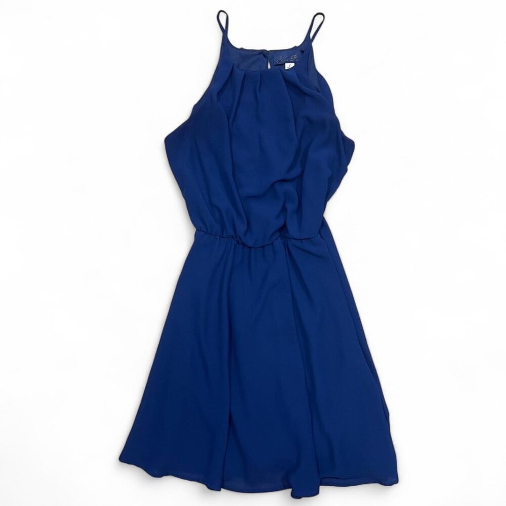 Navy Blue Sleeveless‎ A-Line Mini Dress Cinched Waist Spaghetti Strap Small Knee